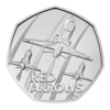 The reverse of the 2025 The Red Arrows 50p coin.