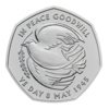 The reverse of the 2025 The 80th Anniversary of VE Day 50p coin.