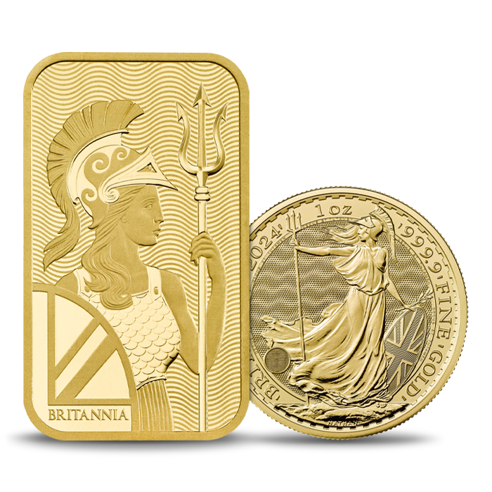 The 2024 Britannia gold bar and 1oz gold Britannia coin side by side.